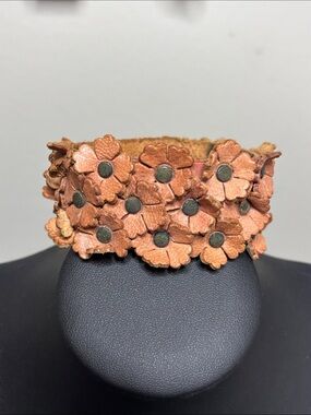 Boho Festival Leather Flower Cluster Cuff Bracelet — Rustic Tan